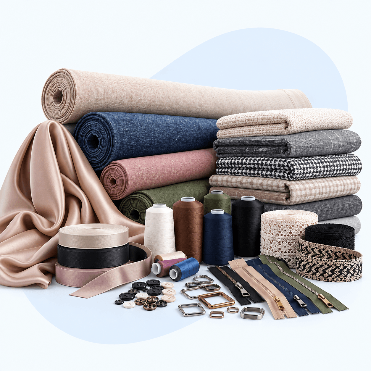 Folded clothing, shoes and rolls of fabric on a light background