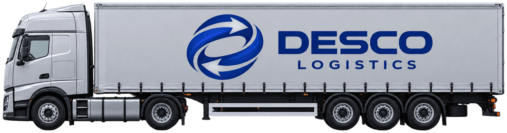 DESCO LOGISTICS tractor unit with a branded curtain-side trailer, side view