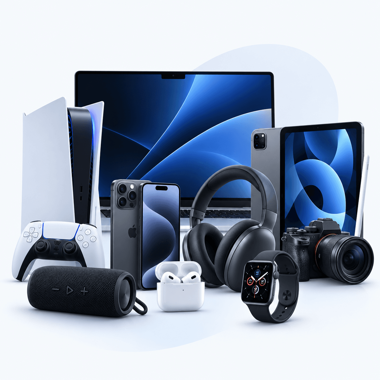 Smartphones, headphones and accessories on a light background