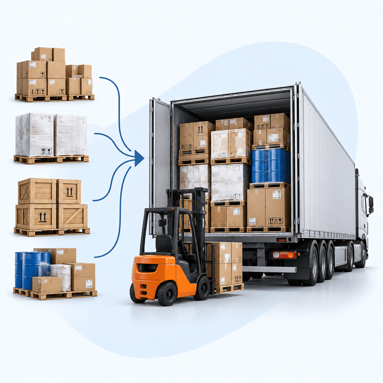 Cardboard boxes of various sizes on a pallet on a light background