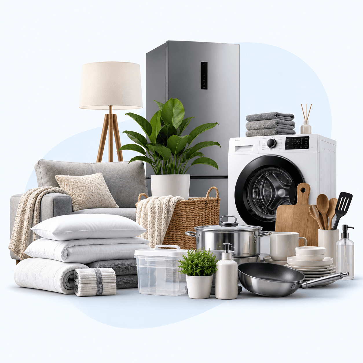 Textiles, tableware and decor items on a light background