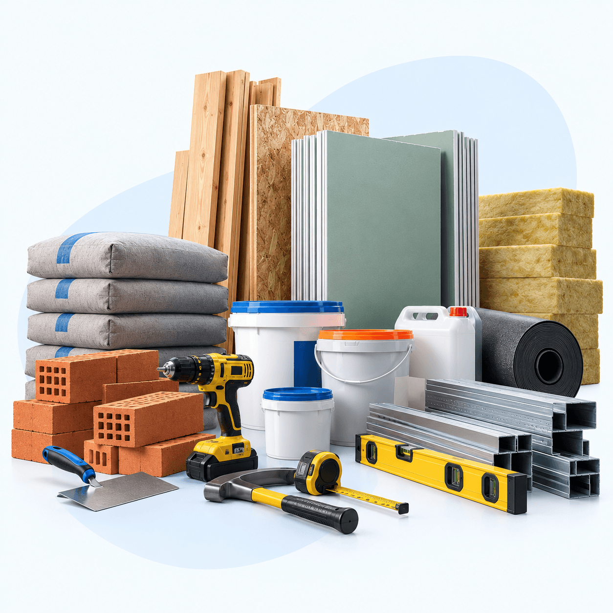 Finishing materials and tools on a light background