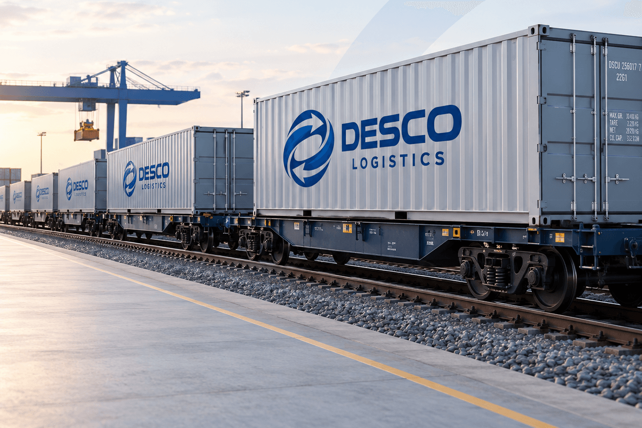 Train with DESCO LOGISTICS containers at a rail terminal