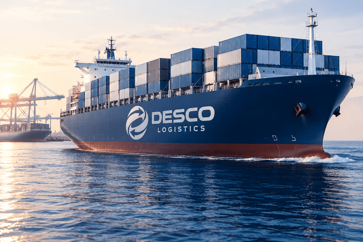 Container ship with DESCO LOGISTICS branding at sea